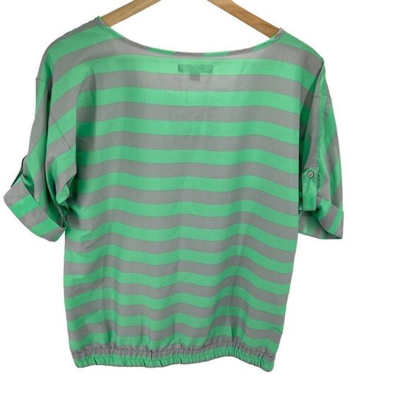 Banana Republic Womens Blouse Top Striped Roll Tab Sleeve Small Green Gray - Picture 2 of 13